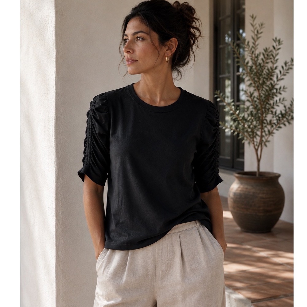 Veronica Beard Waldorf T-Shirt Womens XL Black Ruched Sleeve Cropped Pima Cotton
